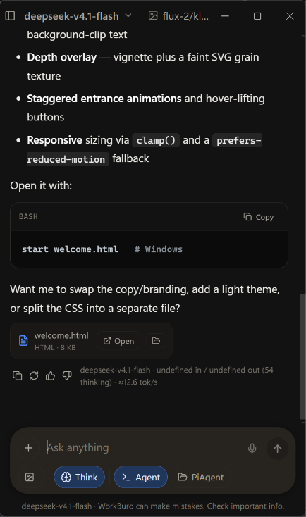 The agent handing back a finished HTML file with an Open button.